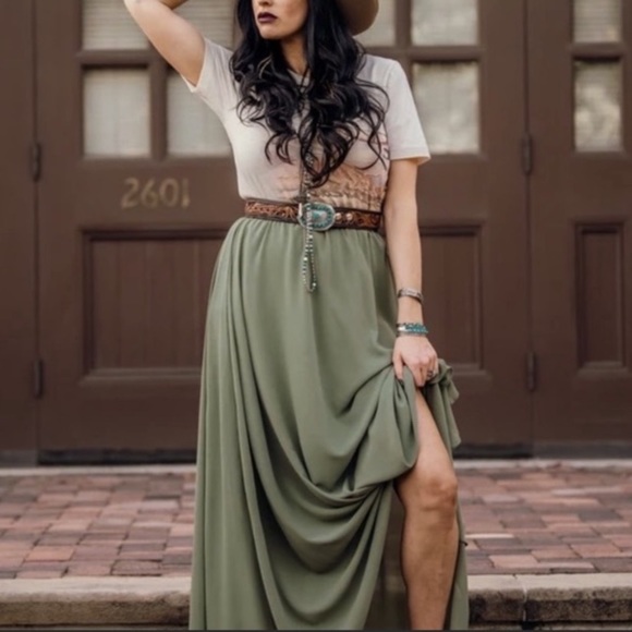 Olive Maxi Western Boho Skirt - Picture 2 of 6